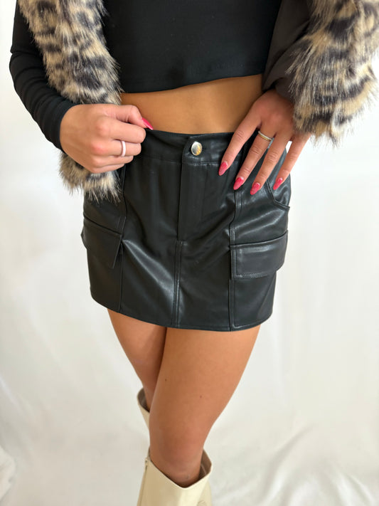 Black Leather Cargo Skort