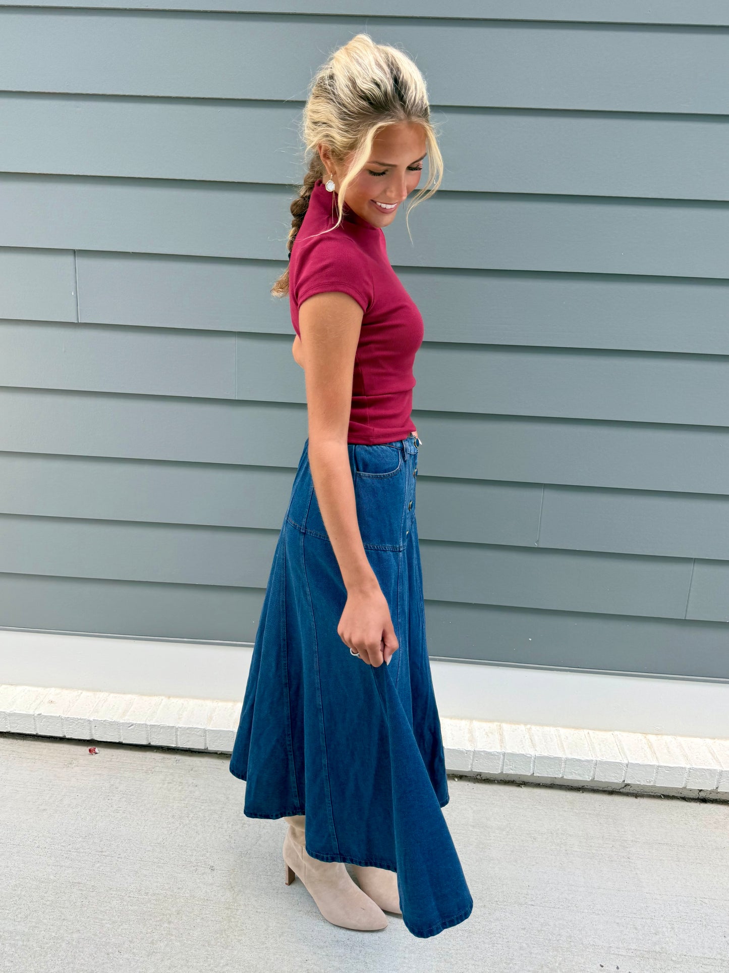 Blue Panel Detail Midi Skirt