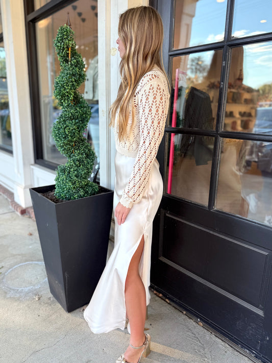 Beige Satin Slip Dress with Crochet Top
