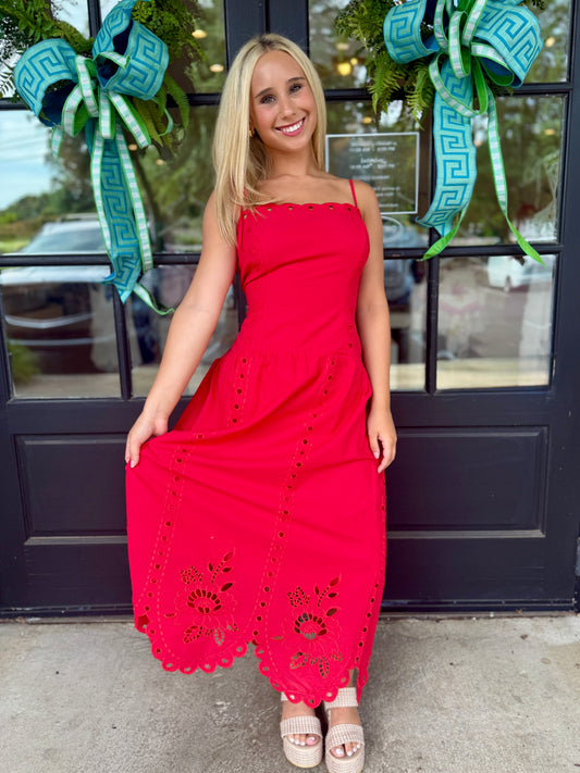 Red Scallop Eyelet Midi