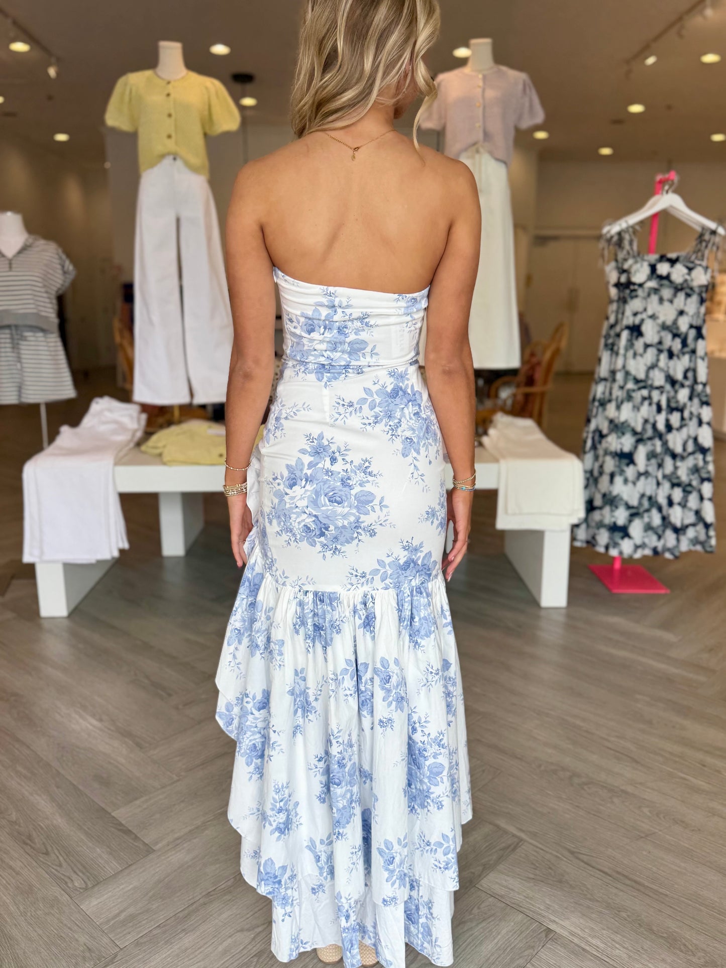 Baby Blue Side Ruffle Floral Dress