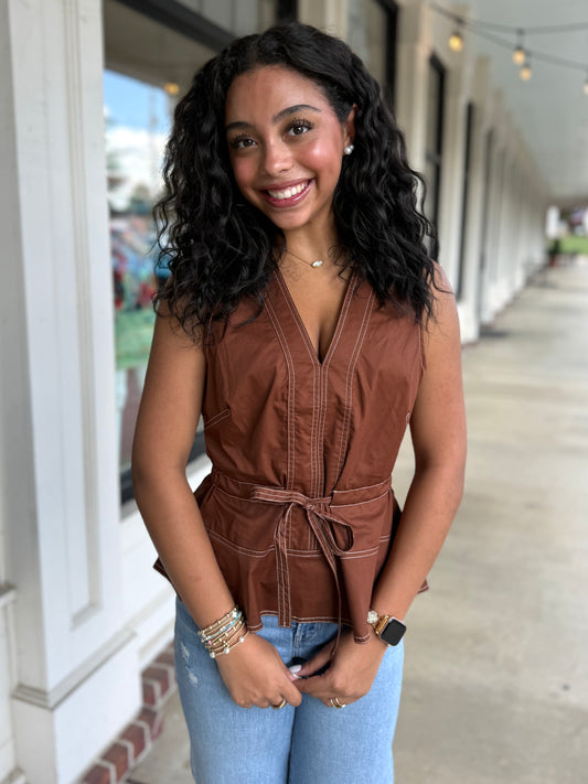 Brown Stitched Peplum Top