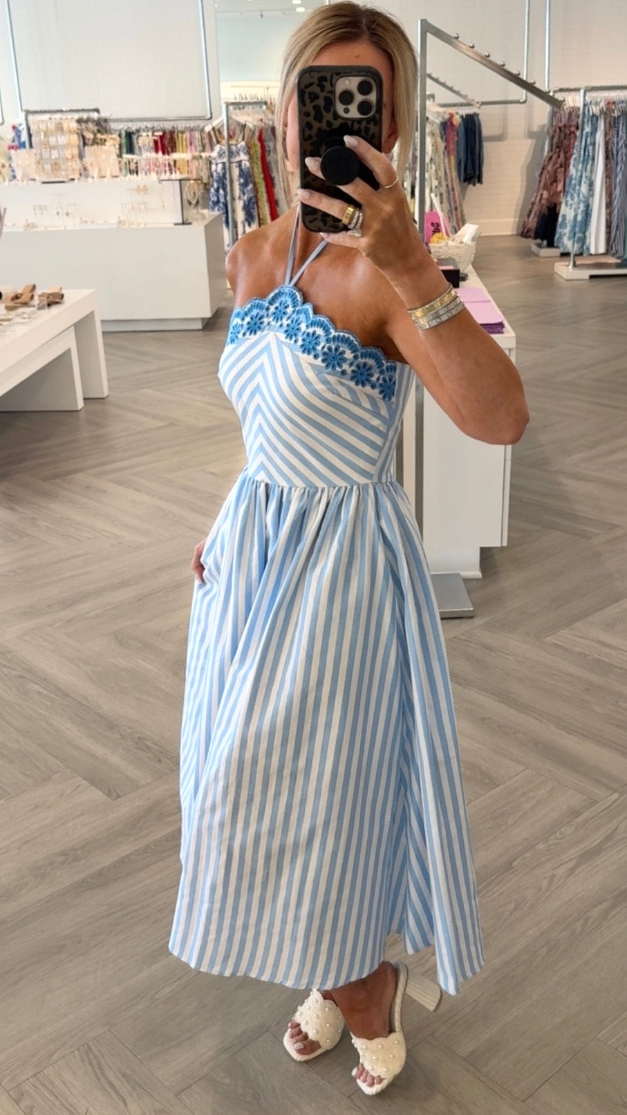 Blue Scalloped Halter Embr. Midi