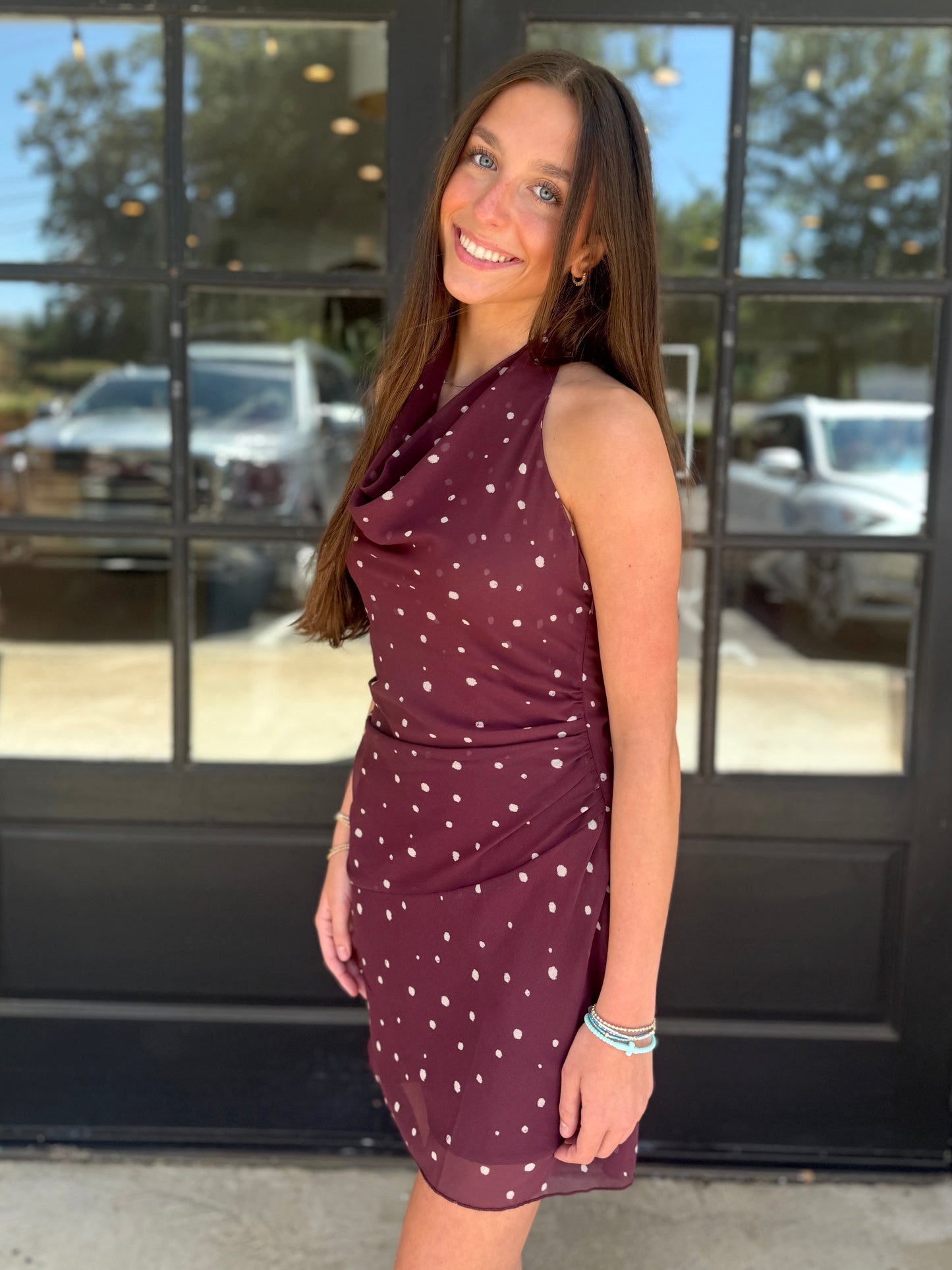 Maroon Ruched Polka Dress