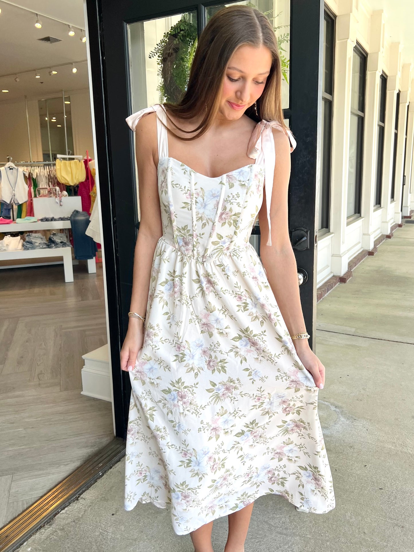 Beige Floral Corset Tie Dress