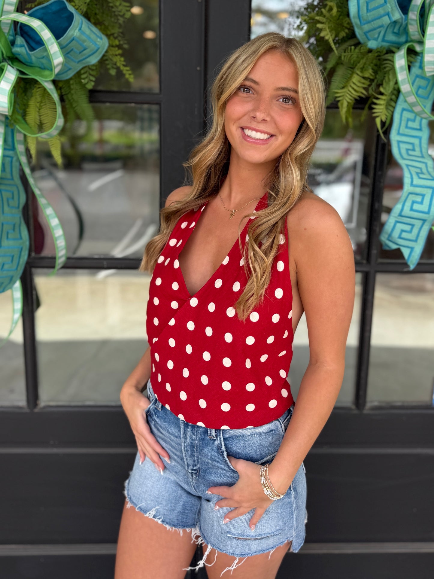 Red Polka Dot Tie Halter Top