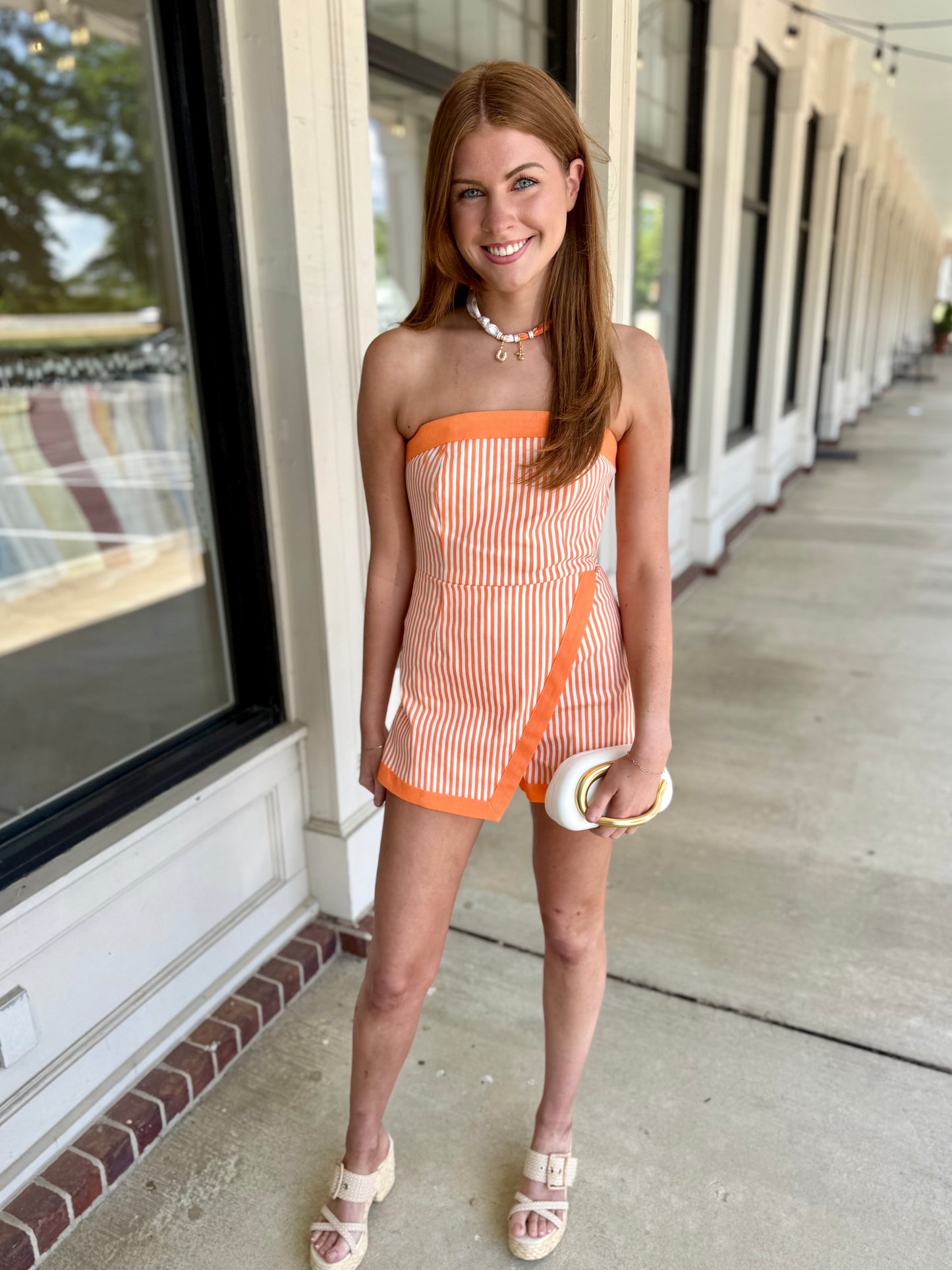 Denim Orange Stripe Romper
