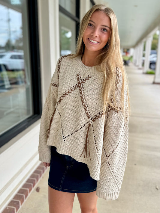 Natural Braided Tassel Knit Sweater