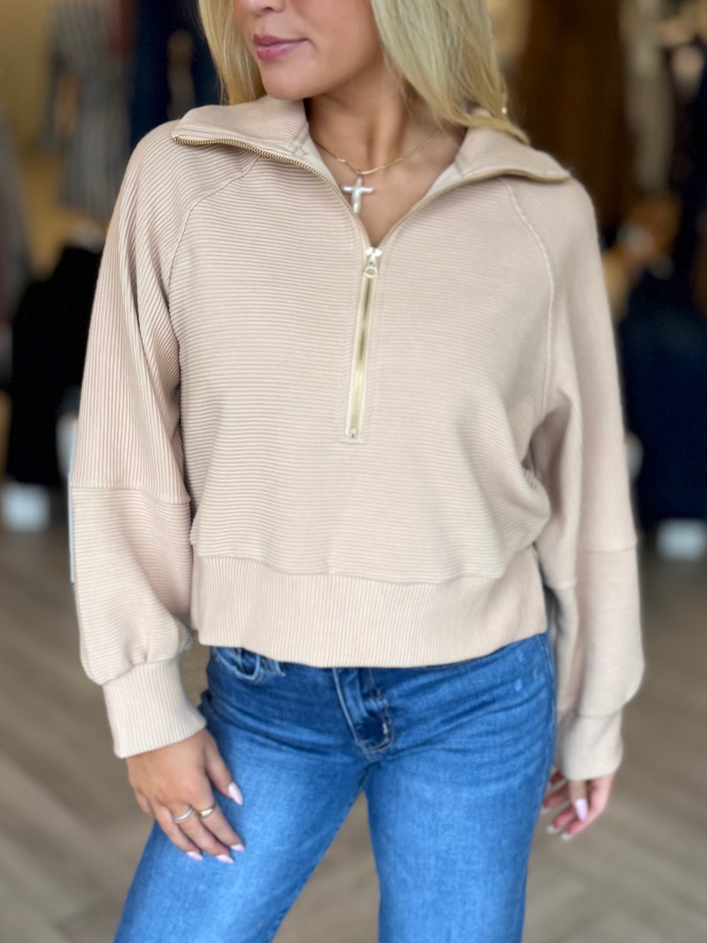 Tan Ribbed Funnel Neck Zip