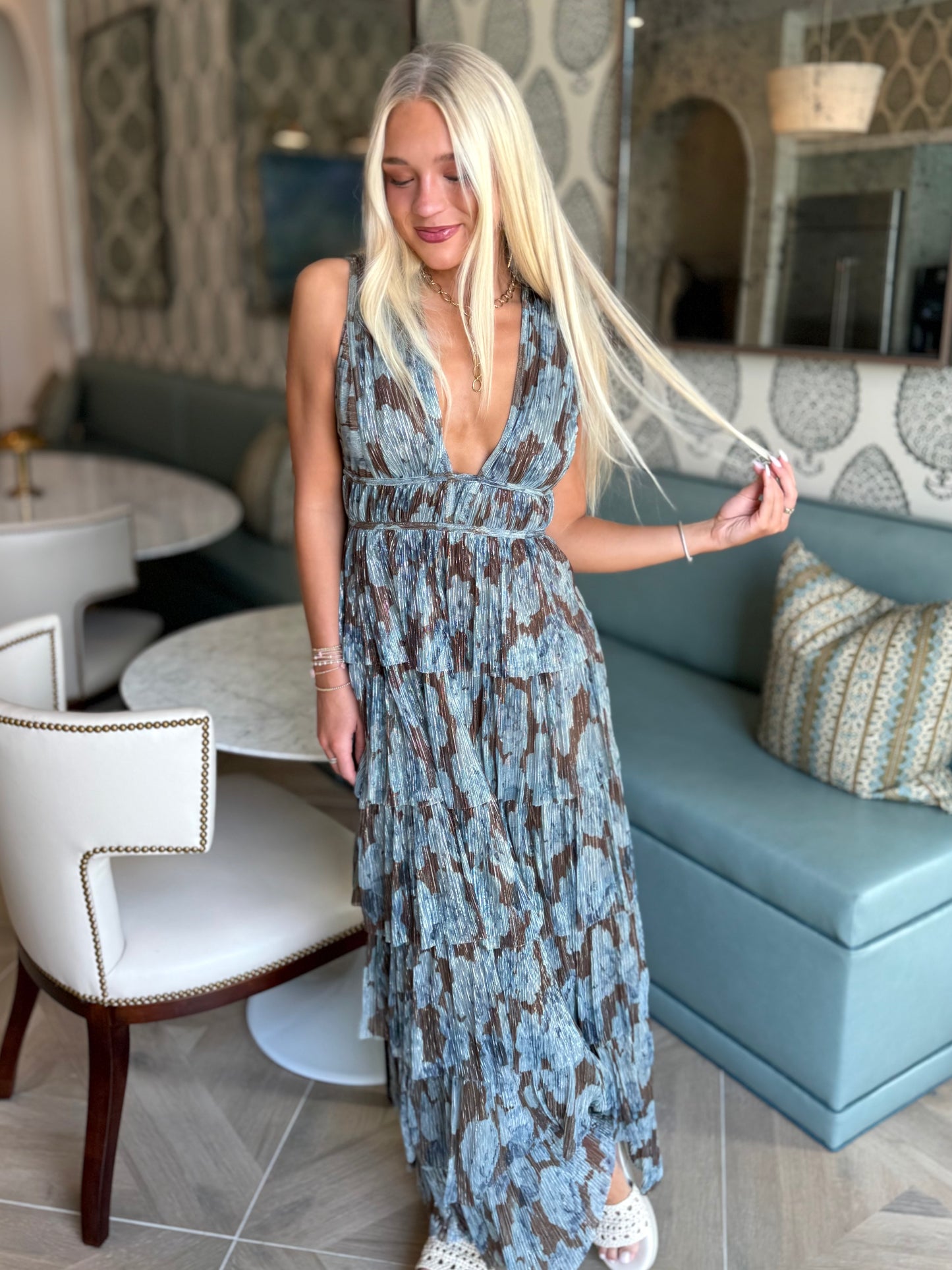 Brown Ruffle Shimmer Maxi