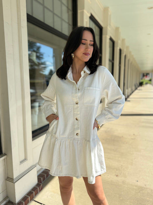 Off White Denim Ruffle Shirt Dress