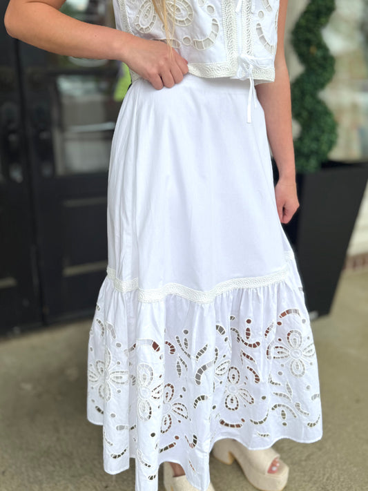 White Eyelet Lace Midi Skirt