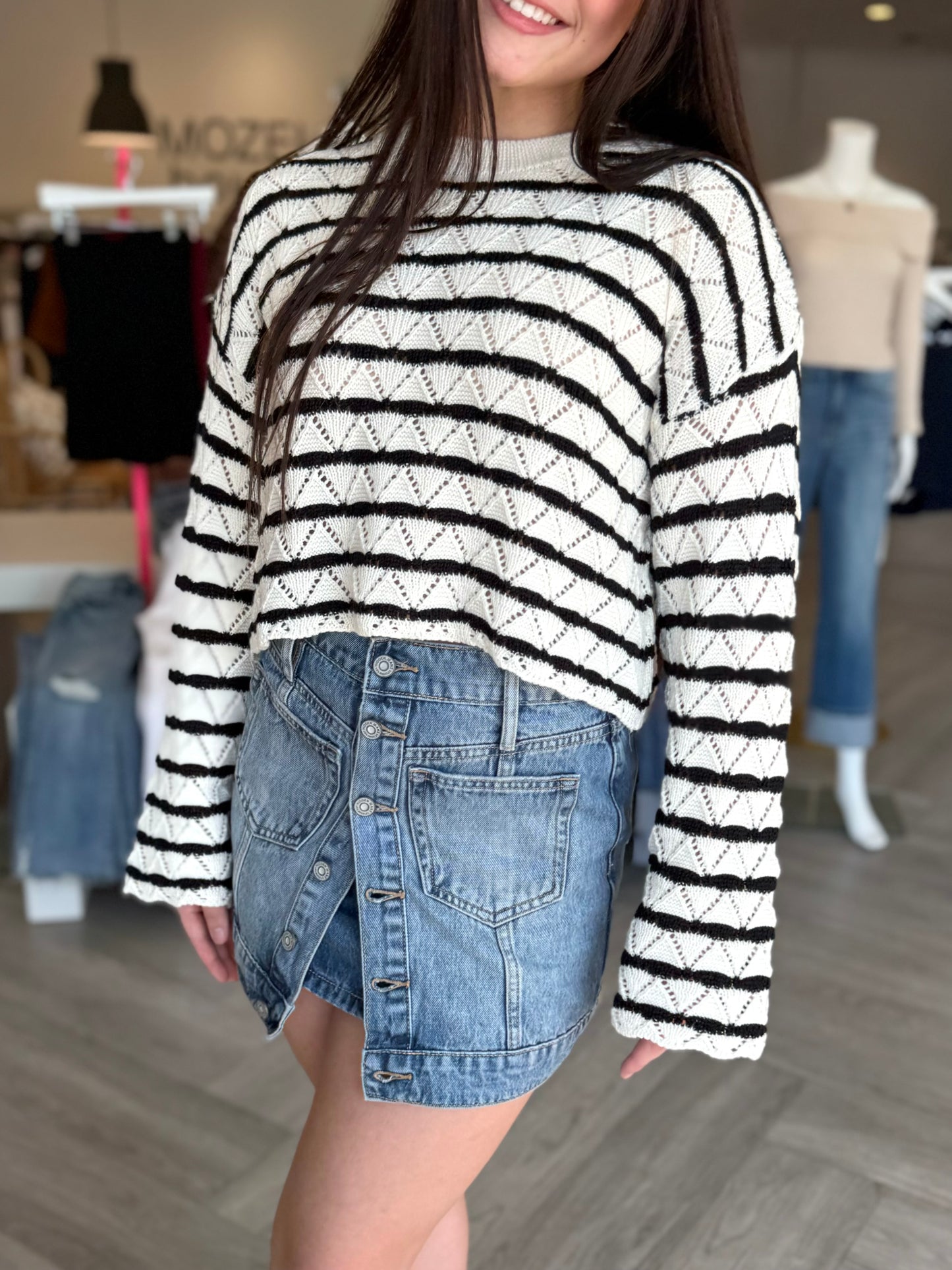 White Striped Hollow Sweater