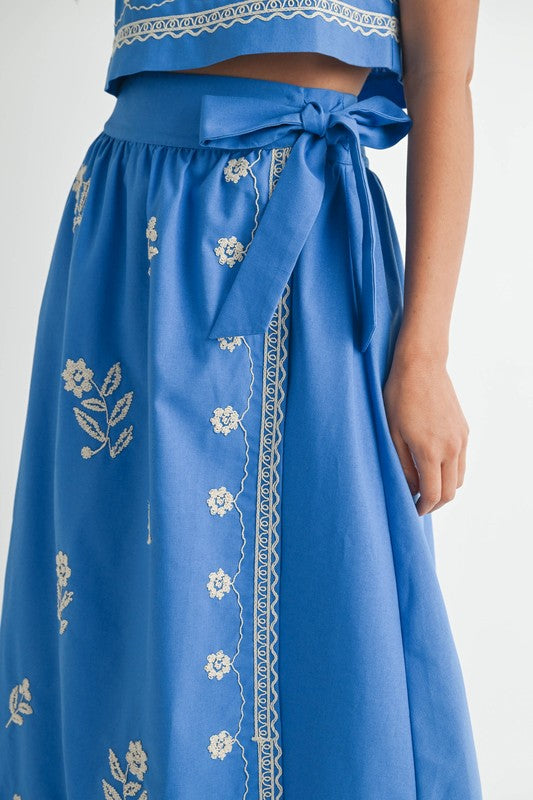 Blue Boho Stitched Floral Skirt