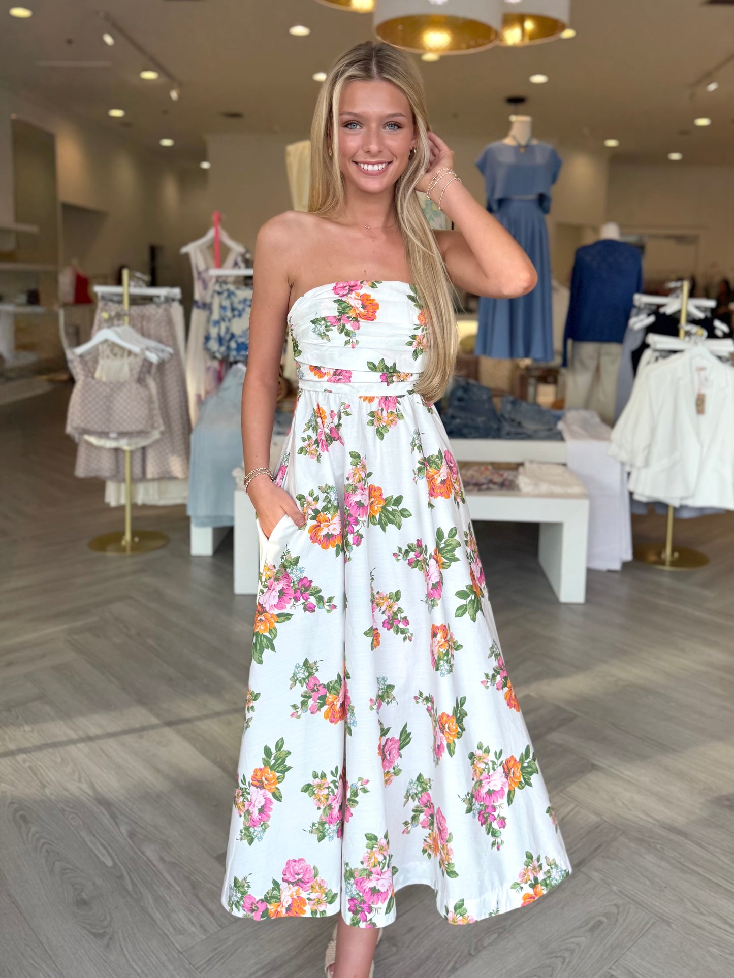 White Peonies Strapless Midi