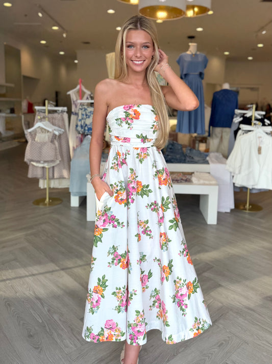 White Peonies Strapless Midi