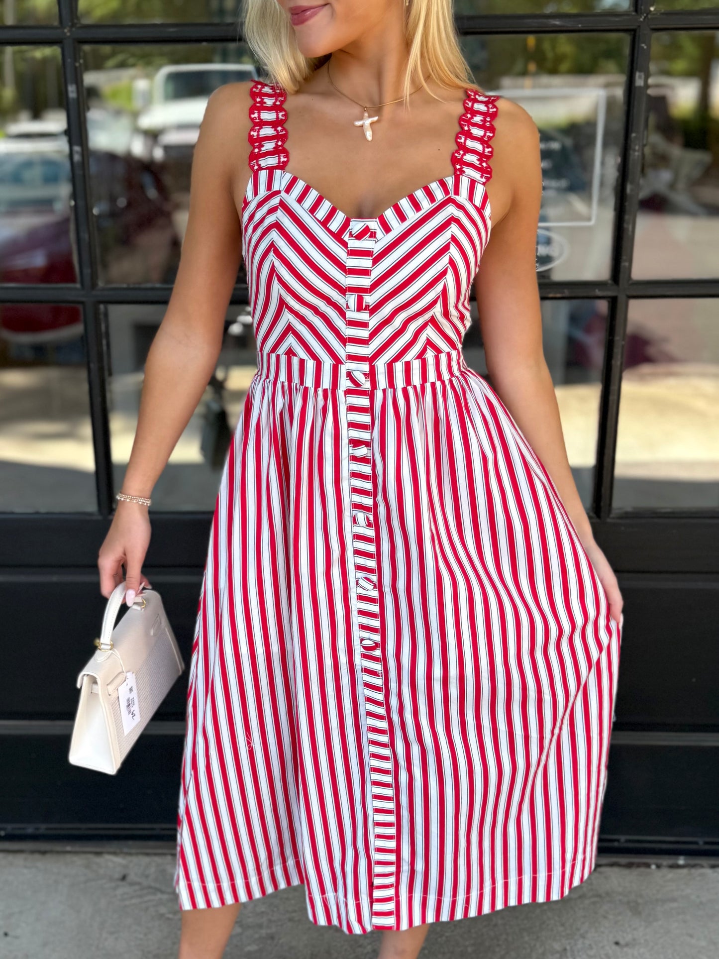 Red Scallop Striped Dress