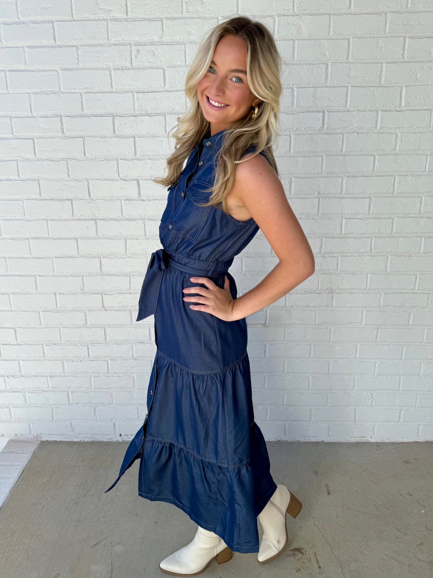 Denim Belted Ruffle Maxi
