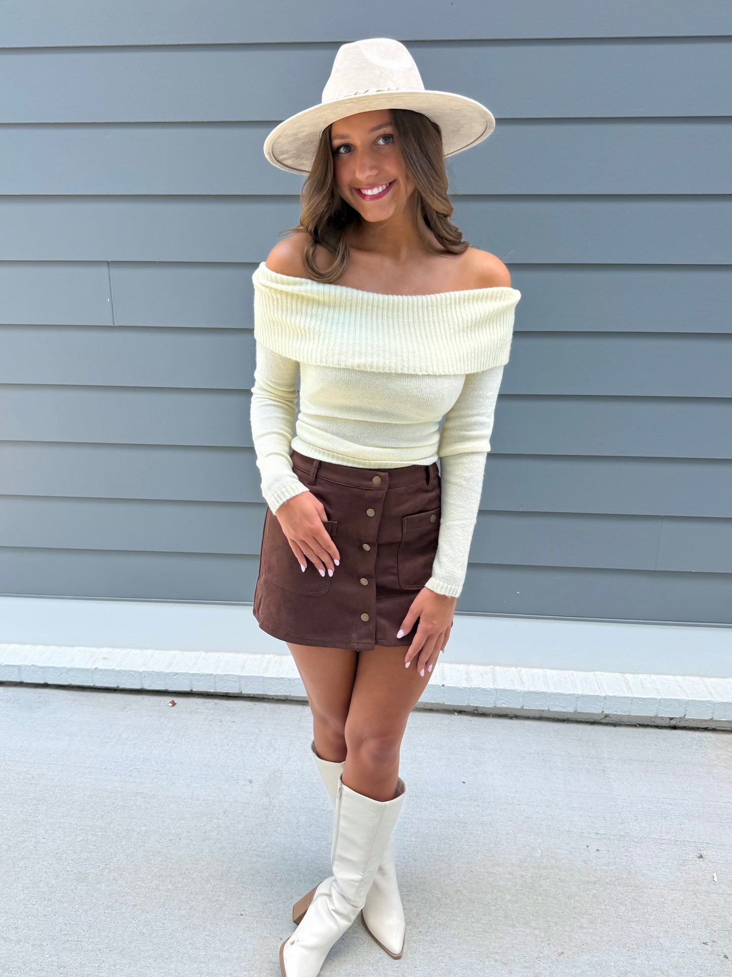 Brown Snap Suede Mini Skirt