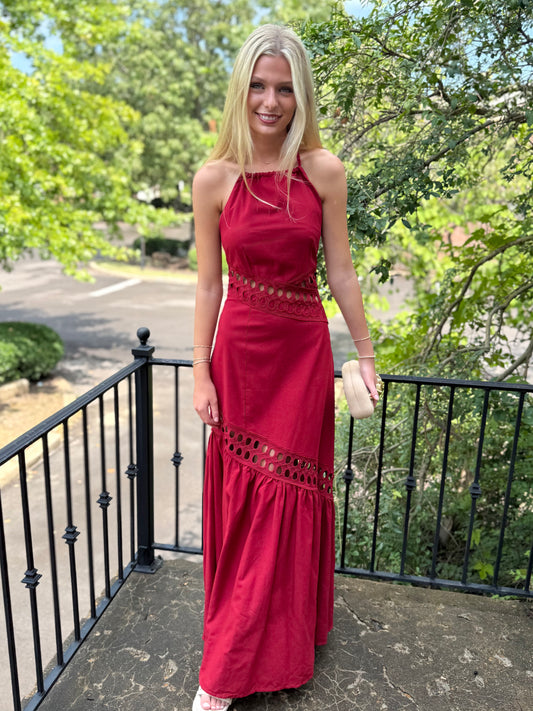 Burgundy Hollow Halter Maxi