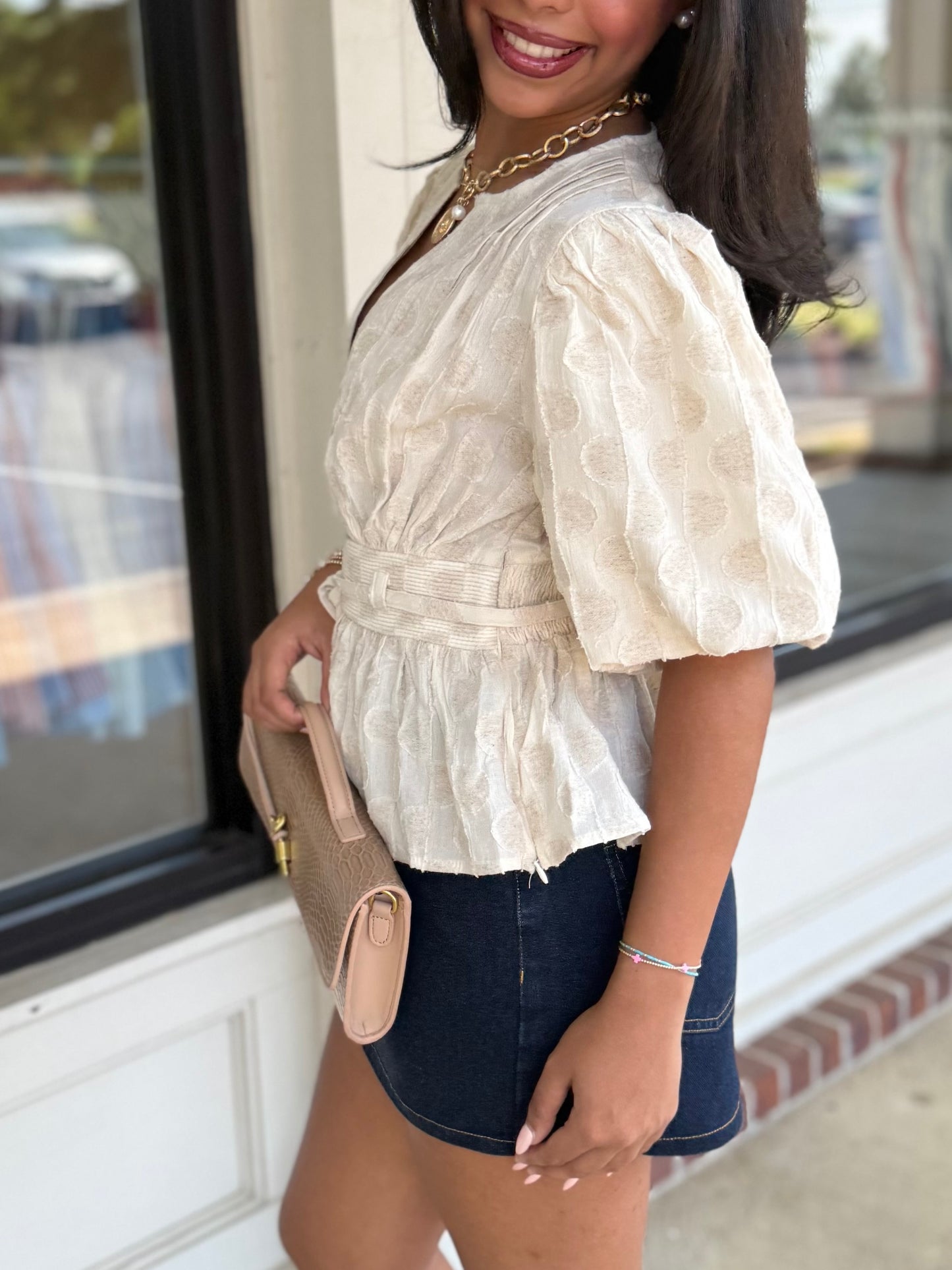 Oatmeal Textured Bubble Sleeve Top