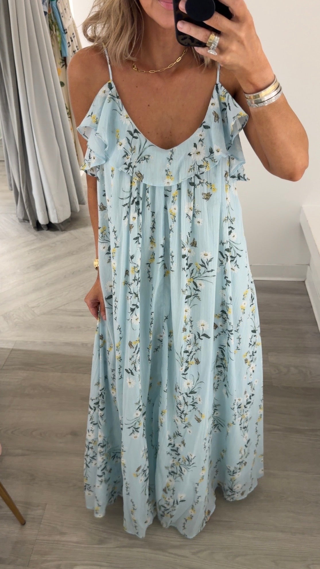 Blue/Yellow Ruffle Yoke Maxi