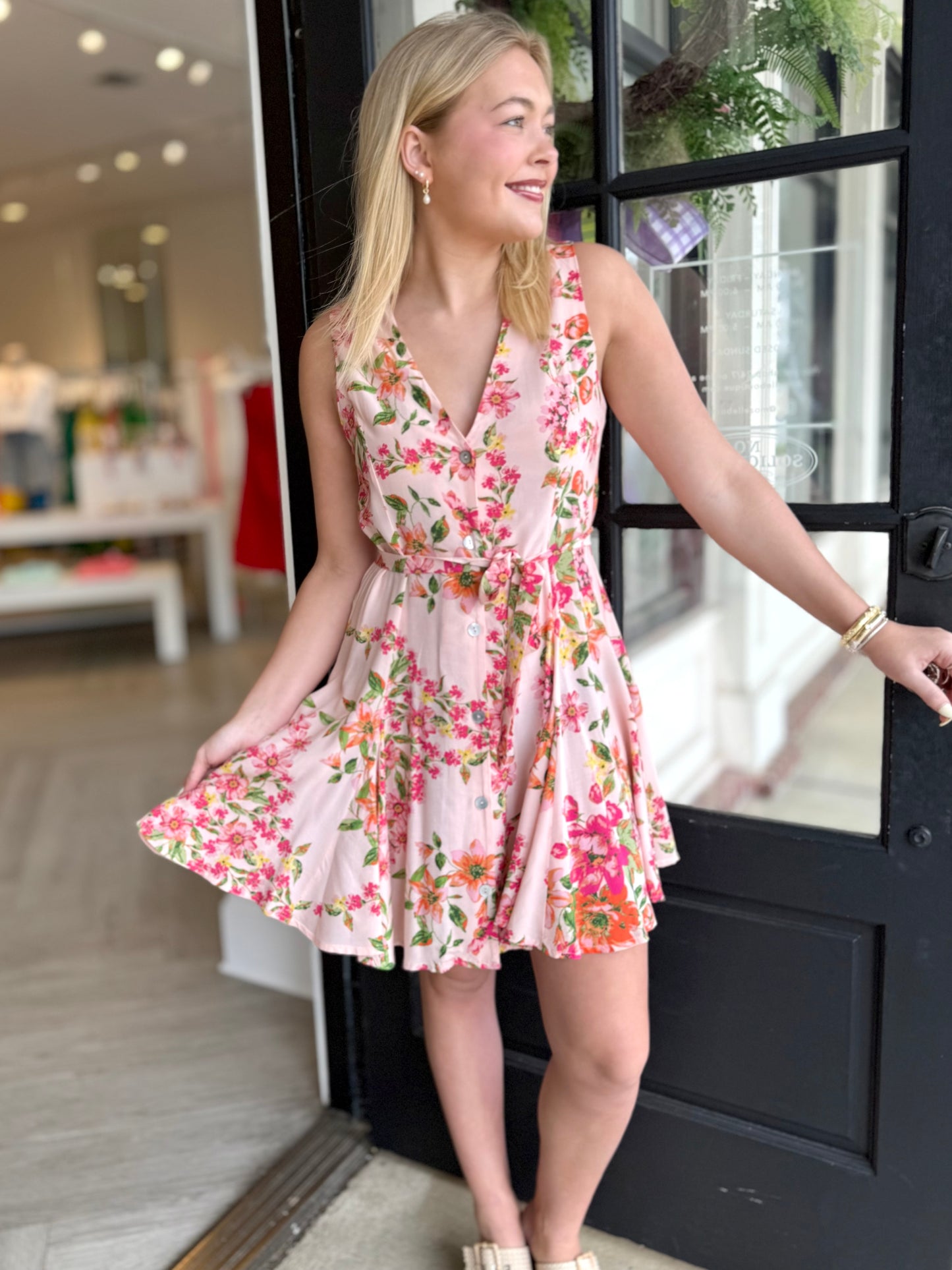 Peach Floral Button Front Dress