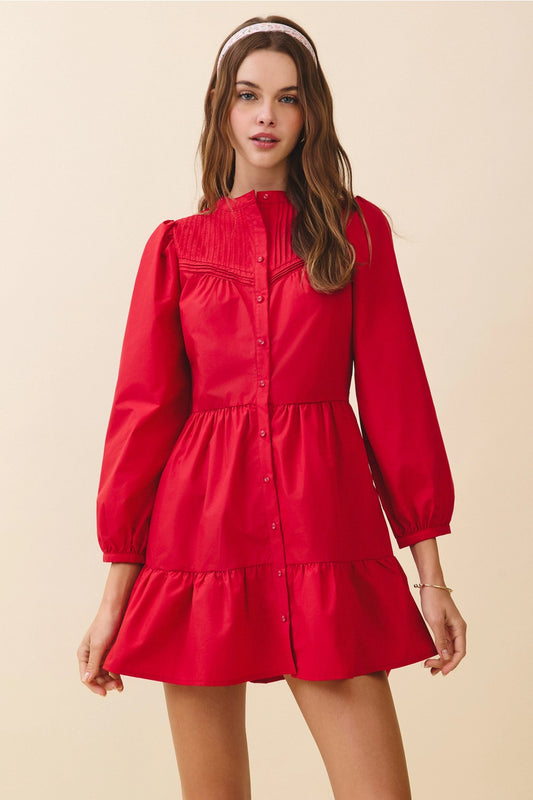 Red Pintuck Yoke Mini Dress