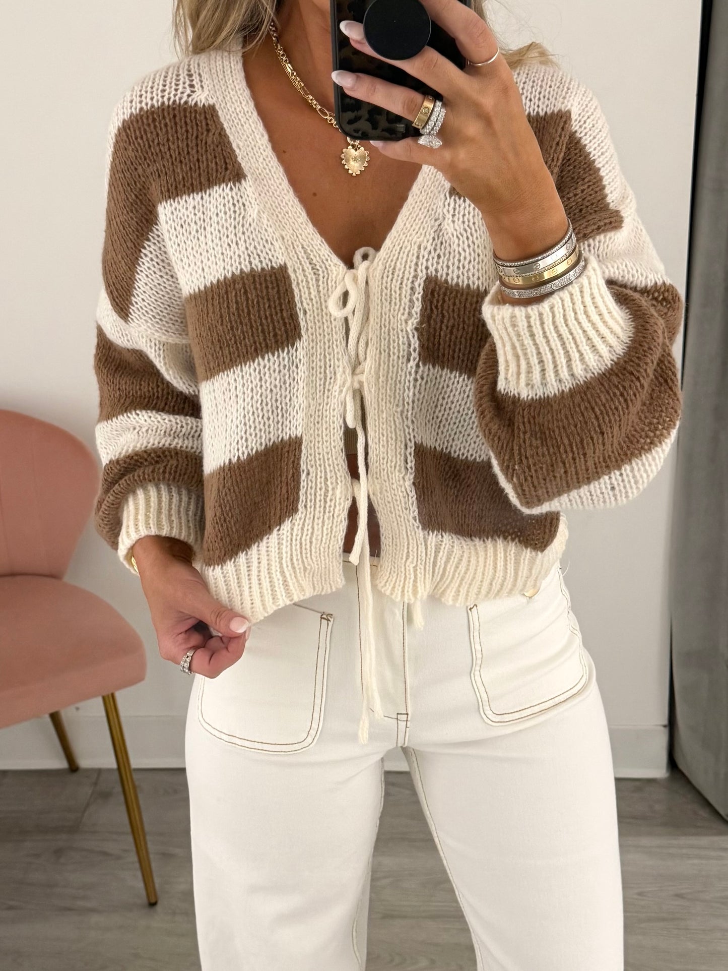 Cream/Navy Striped S Cardigan