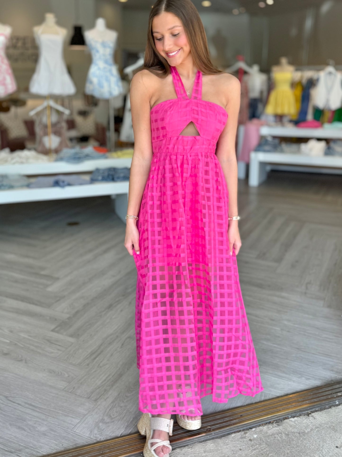Hot Pink Cut Out Halter Dress