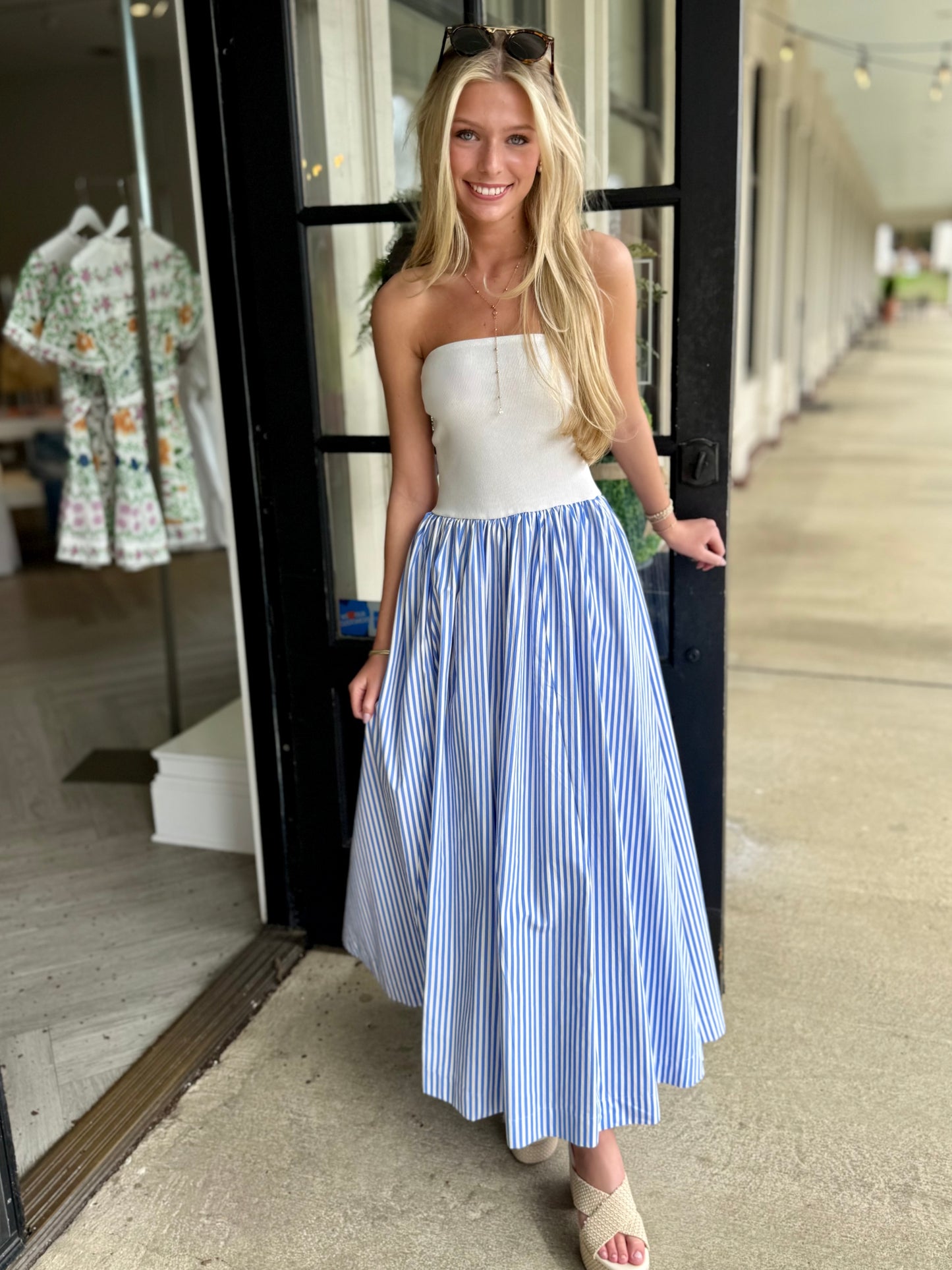 Blue Mixed Media Strapless Maxi