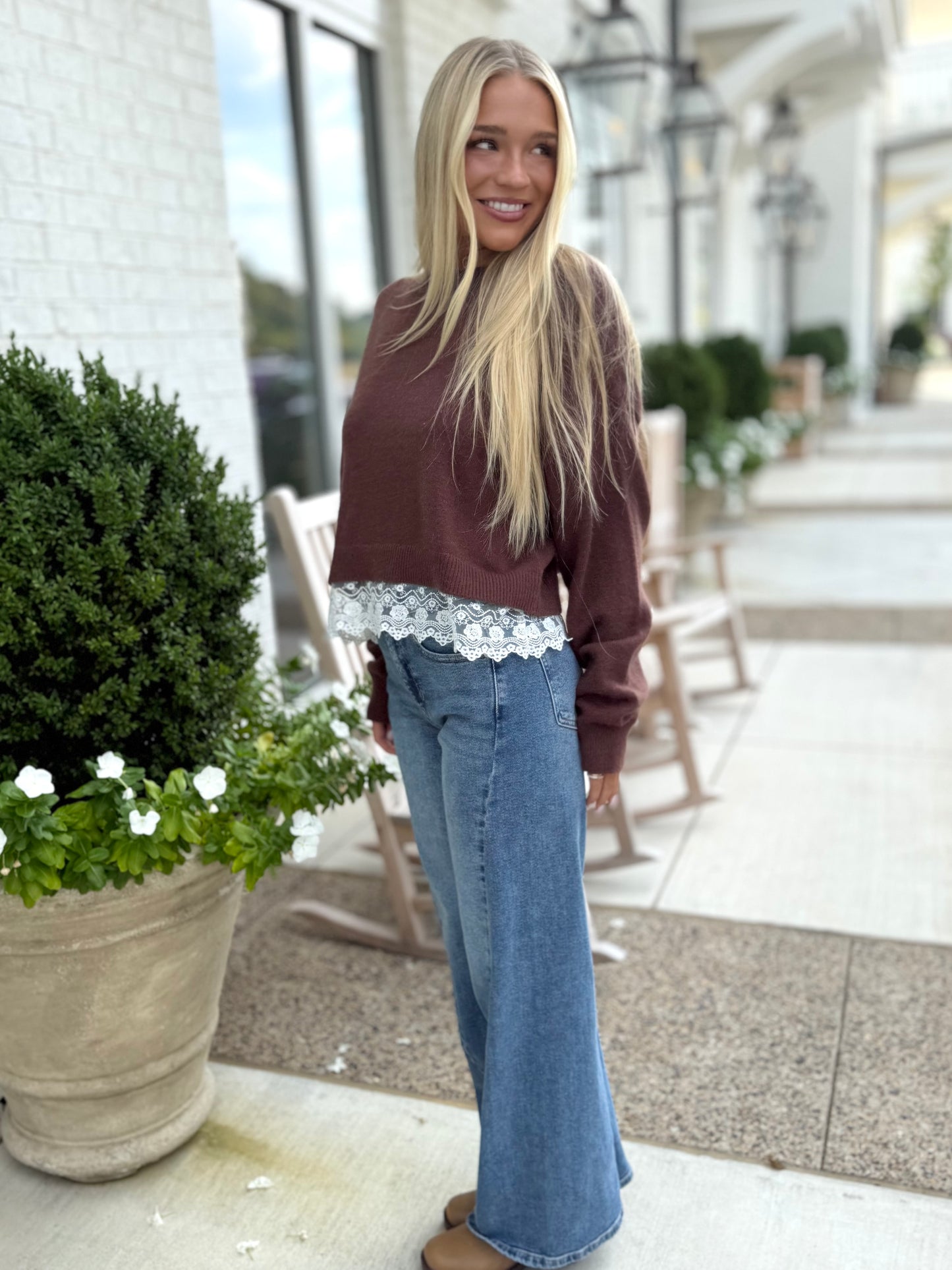 Brown Knit Lace Sweater