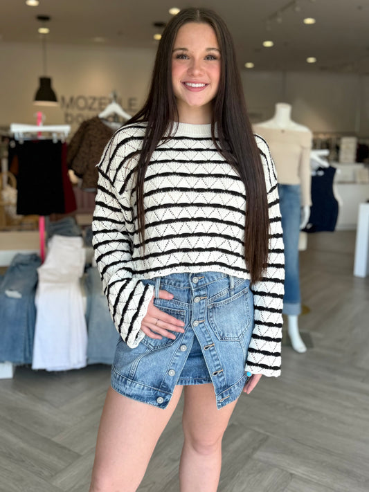 White Striped Hollow Sweater