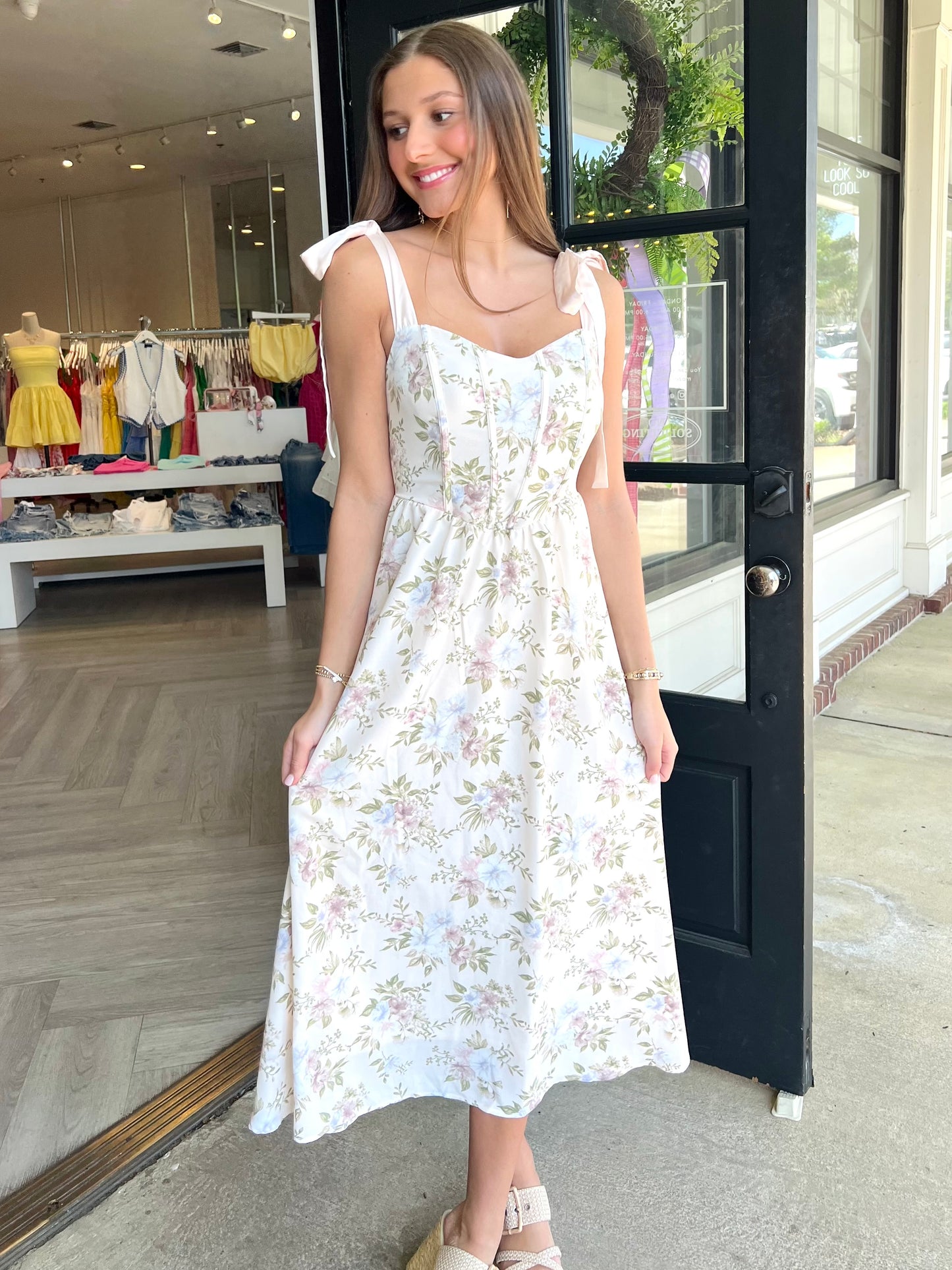 Beige Floral Corset Tie Dress