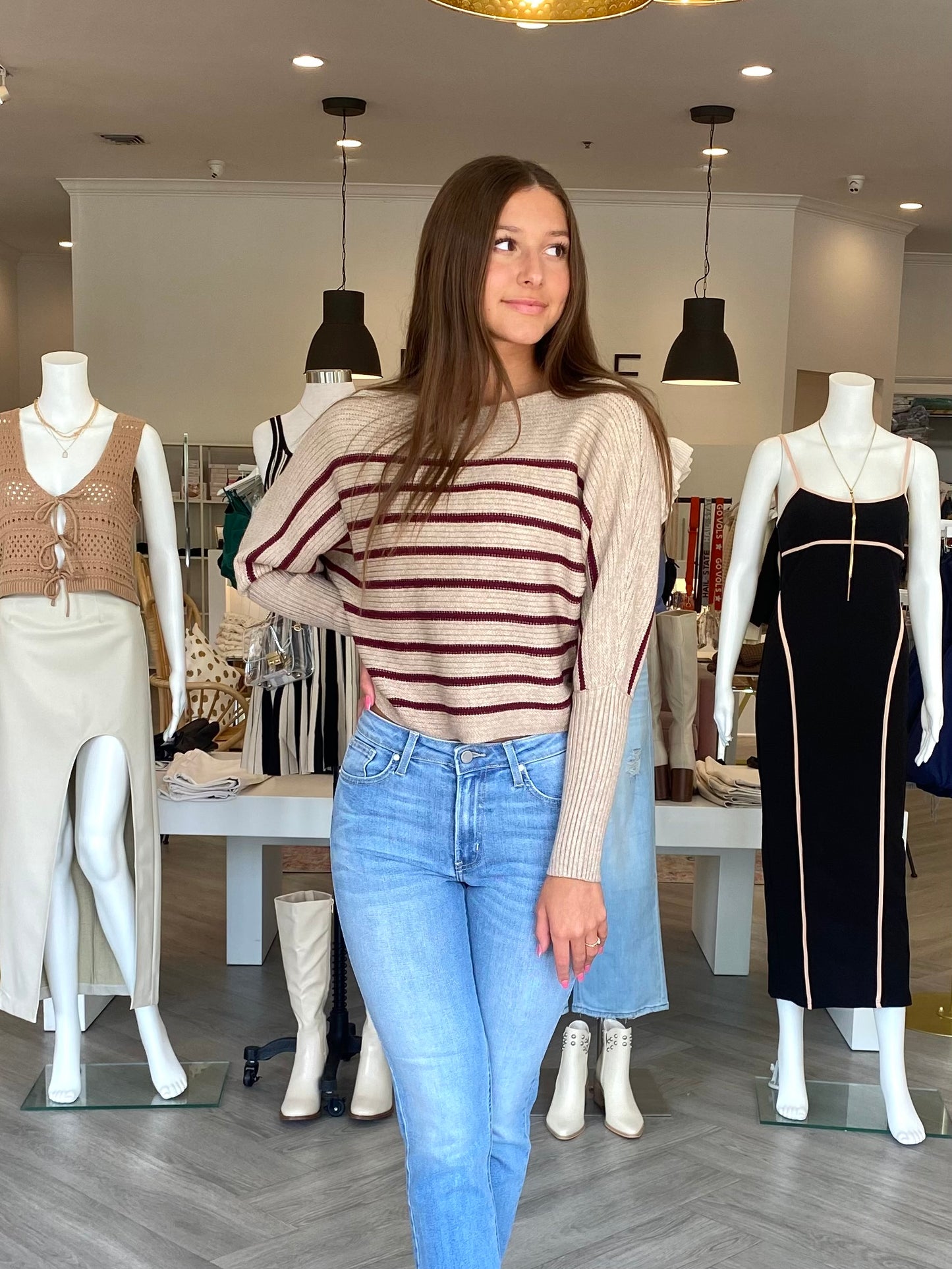 Taupe Burgundy Stripe Sweater