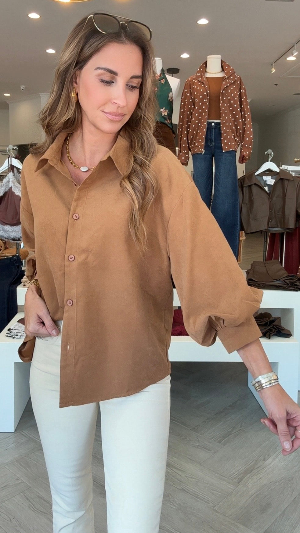 Camel Suede Bubble Sleeve Top