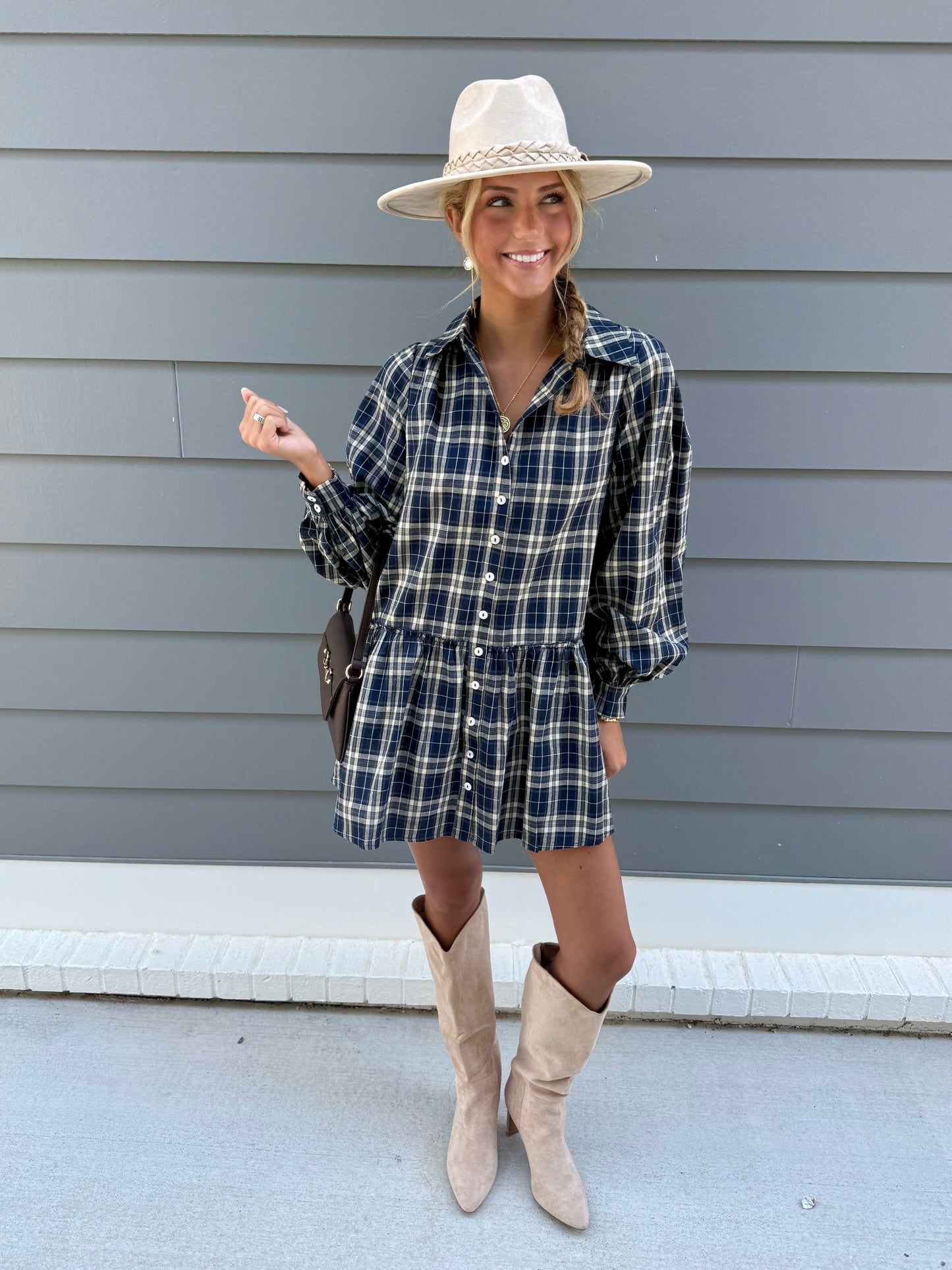 Navy Plaid L/S Dress