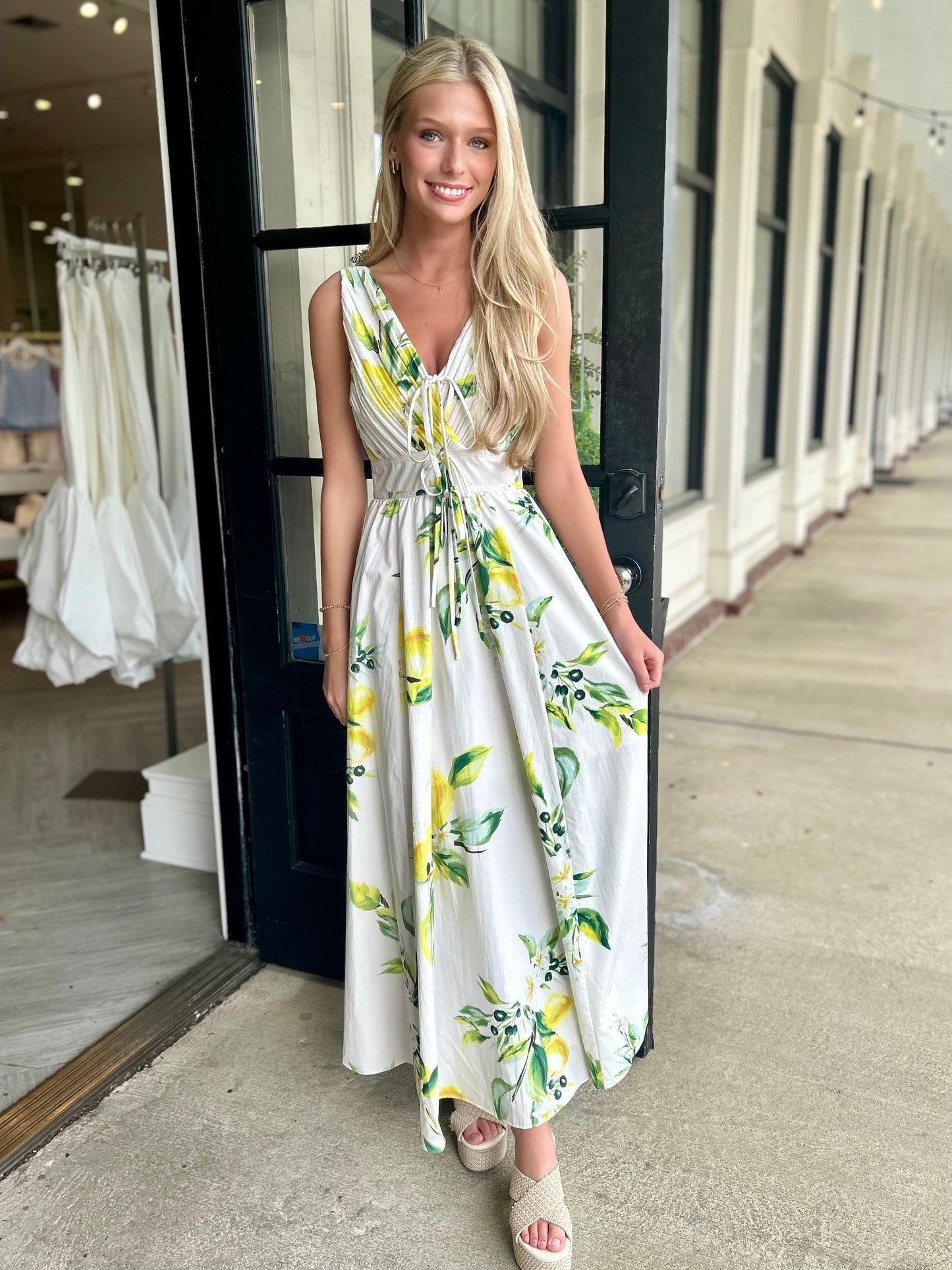White Floral V Neck Midi
