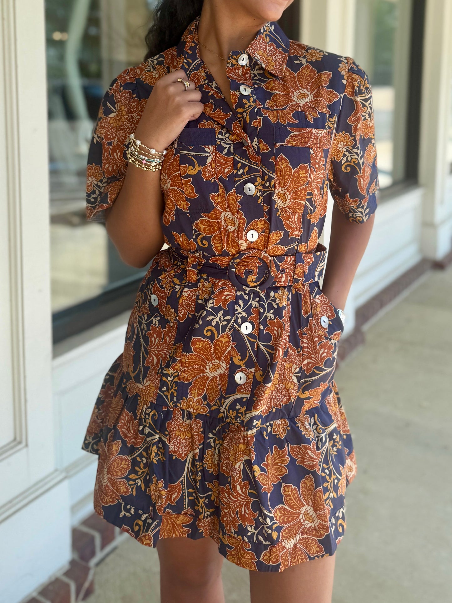 Navy/Rust Belted Dress