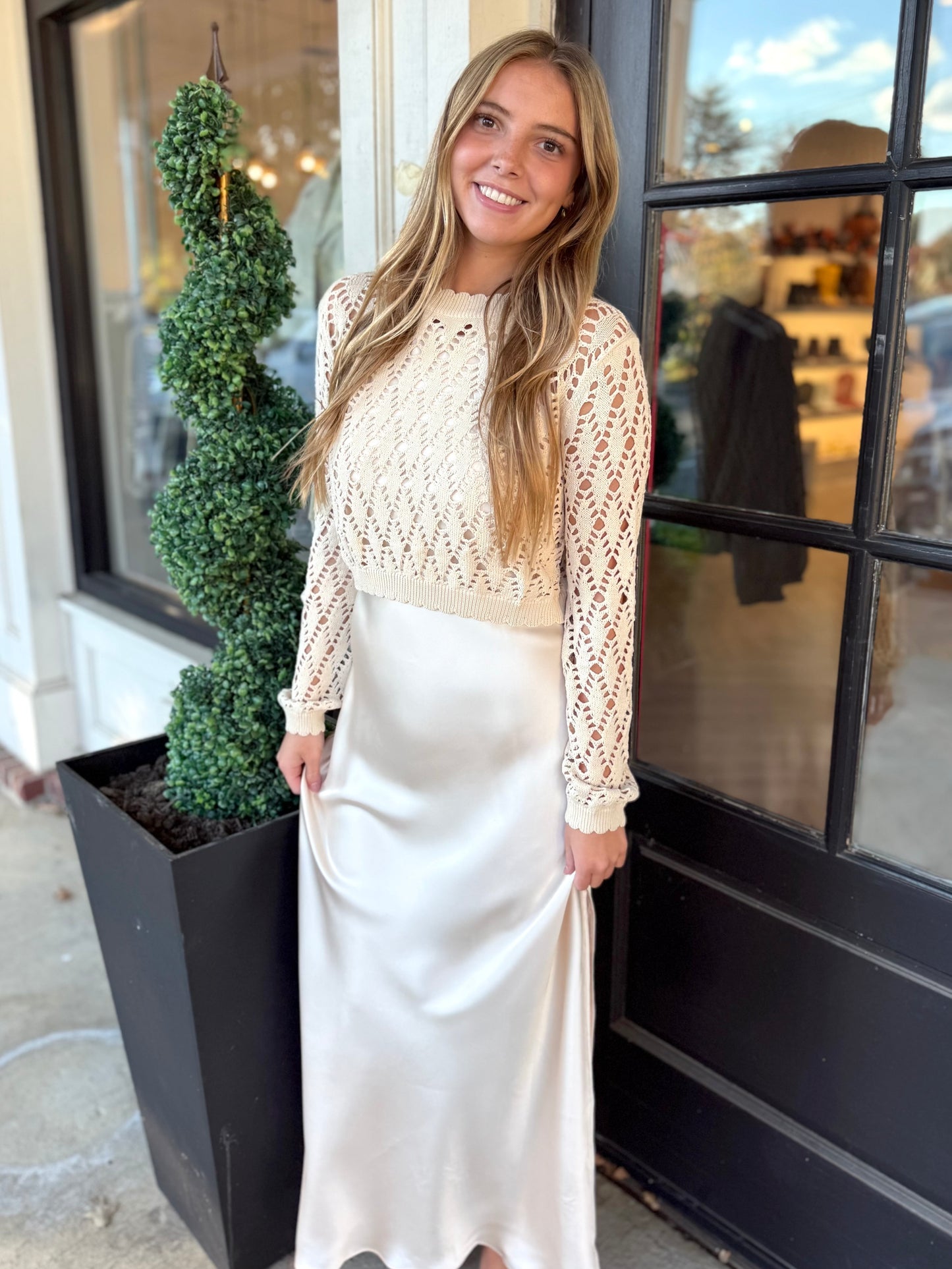 Beige Satin Slip Dress with Crochet Top