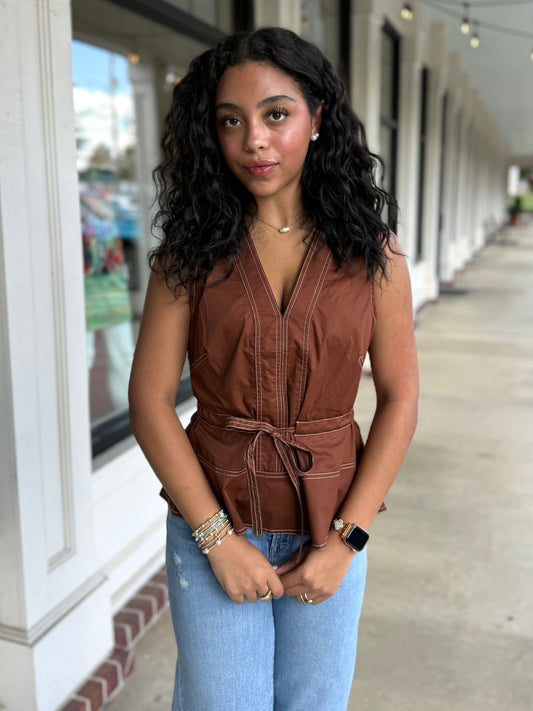 Brown Stitched Peplum Top
