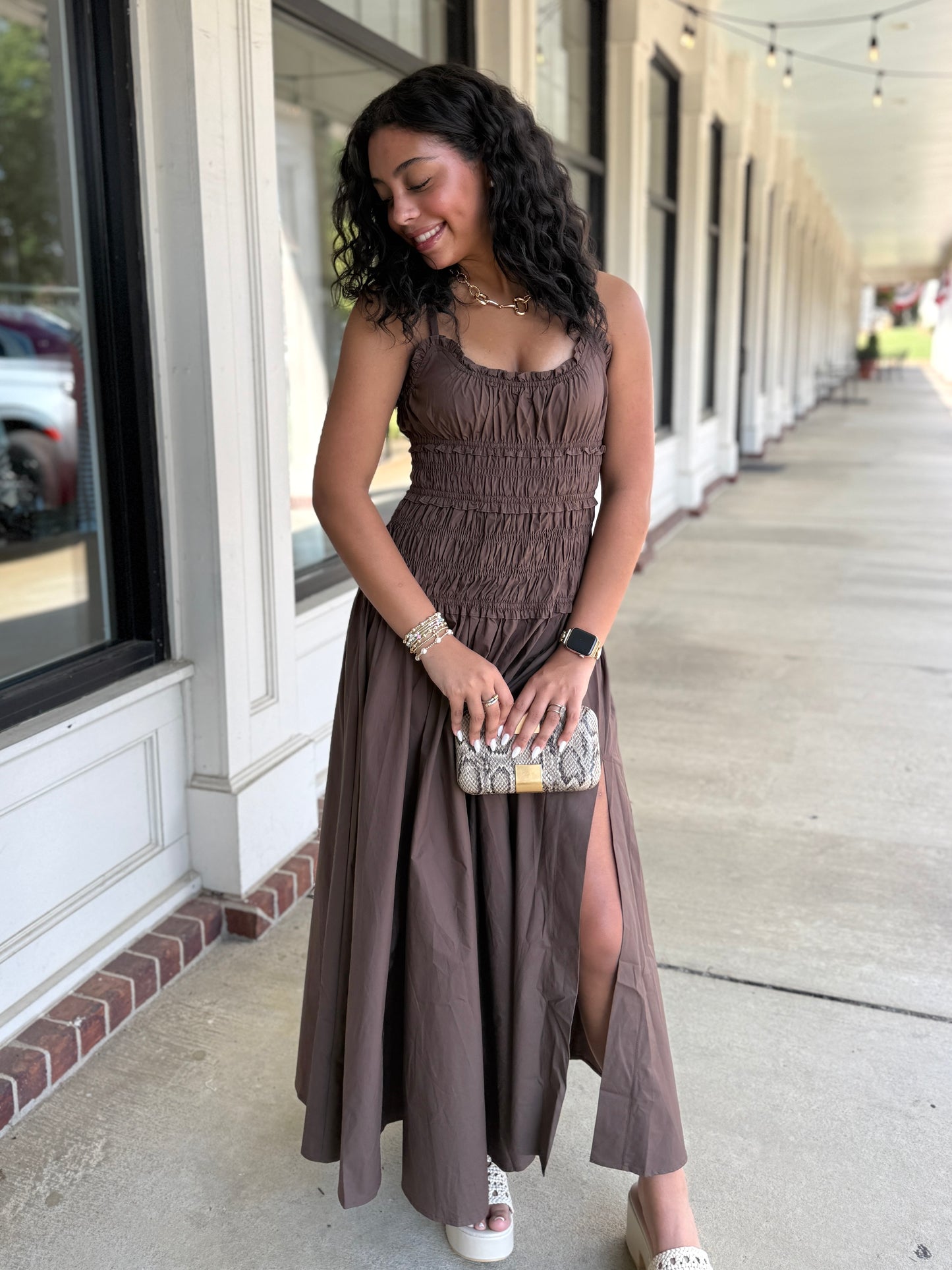 Brown Smocked Slit Maxi