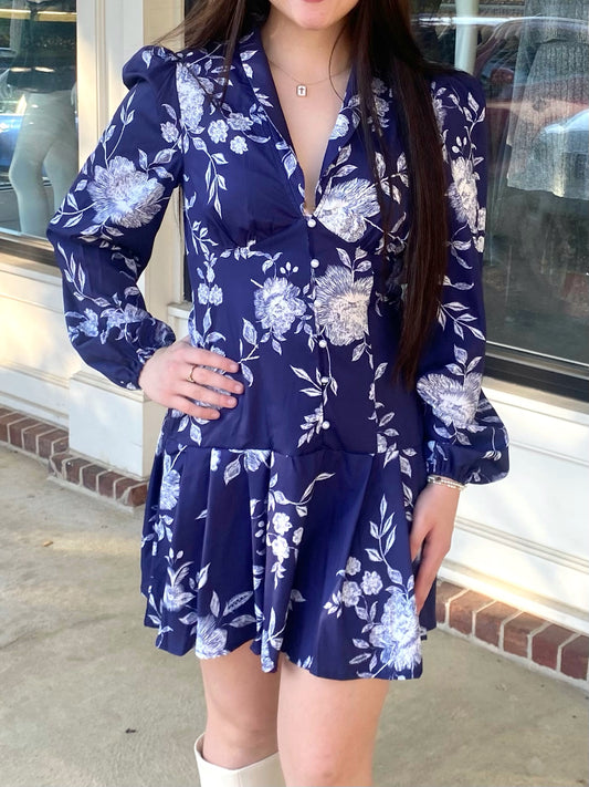 Navy Floral Ruffle Dress