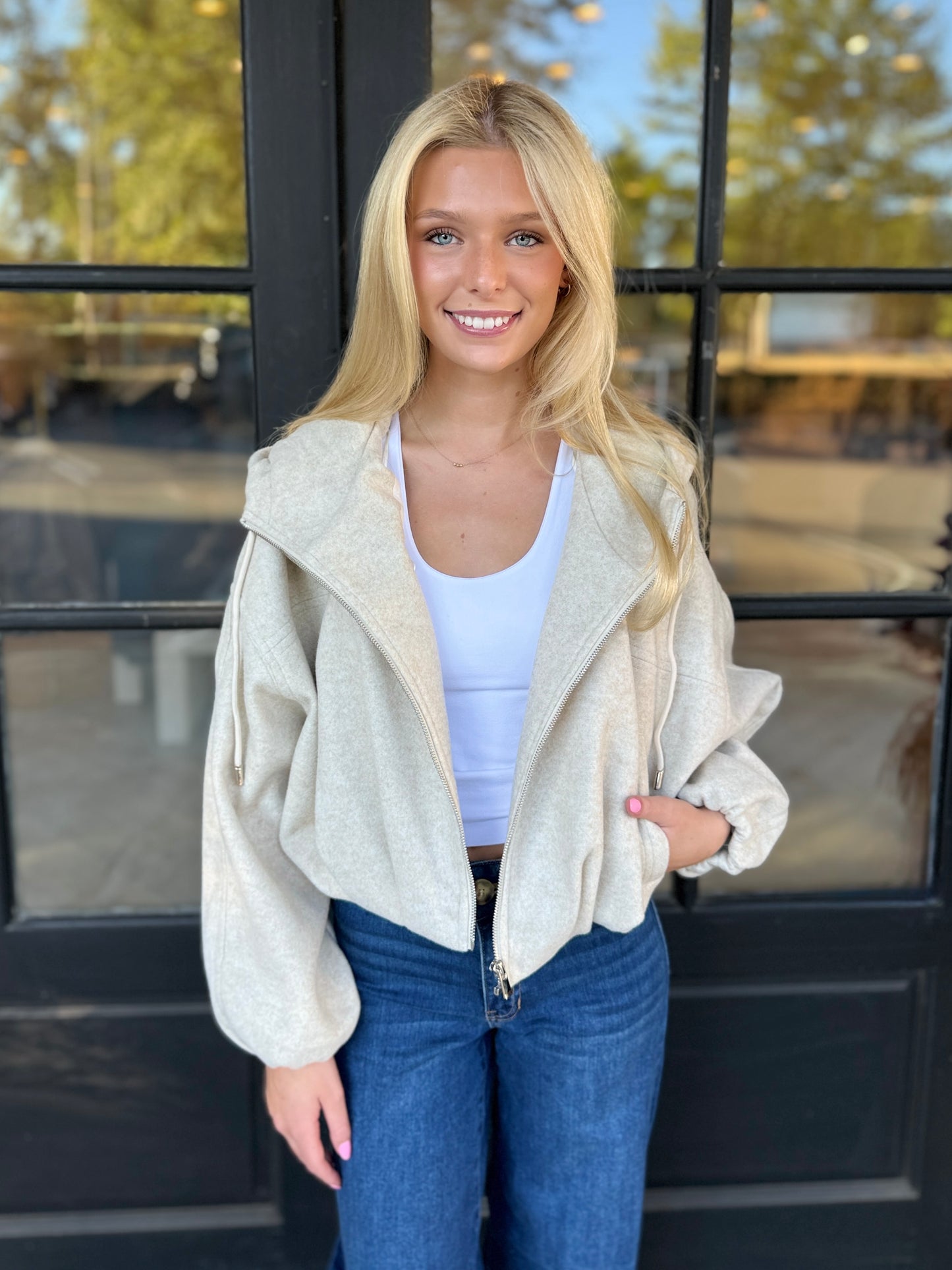 Taupe Bubble Hem Zip Hoodie Jacket