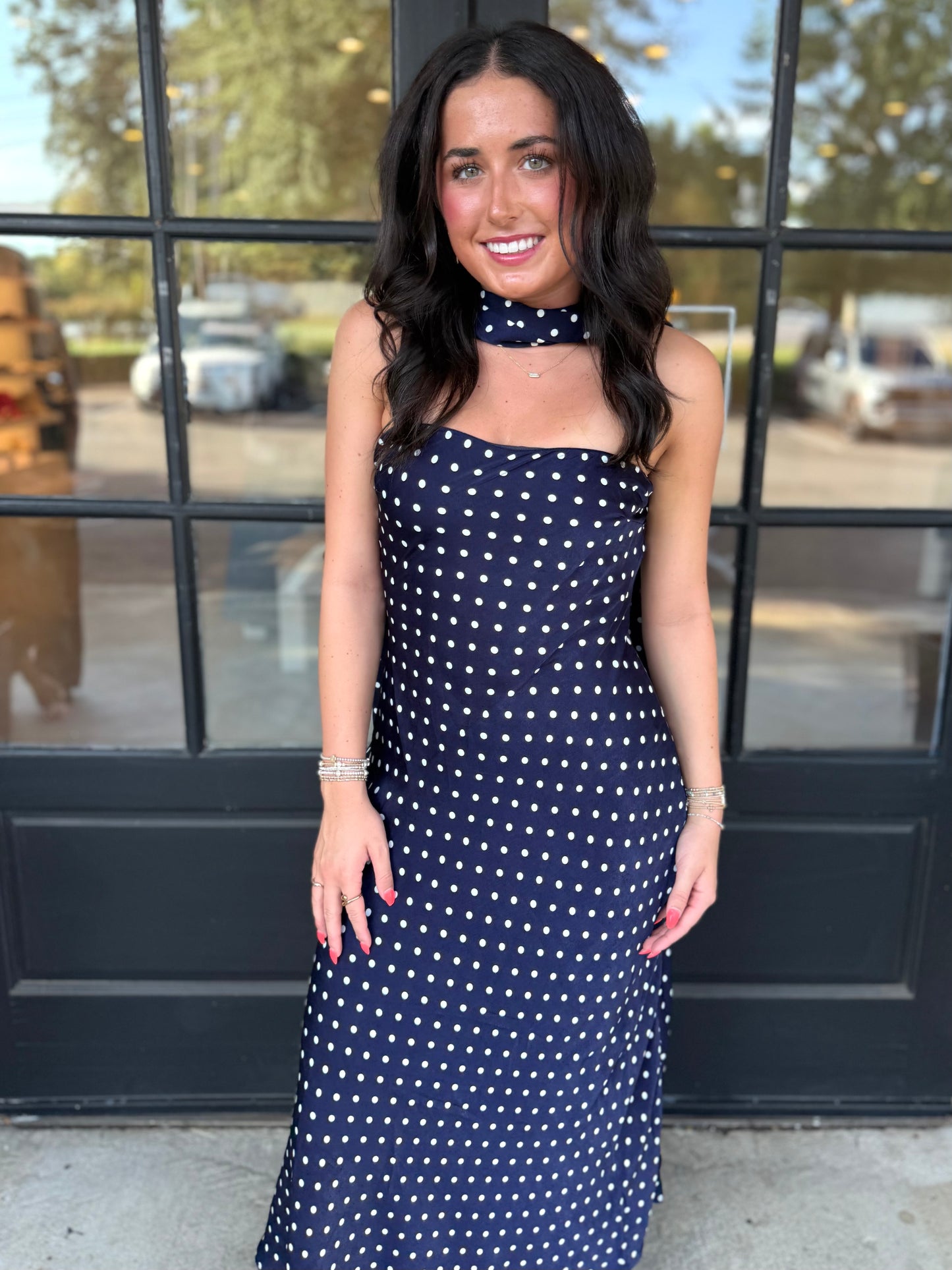 Navy Polka Dot Midi w/ Scarf