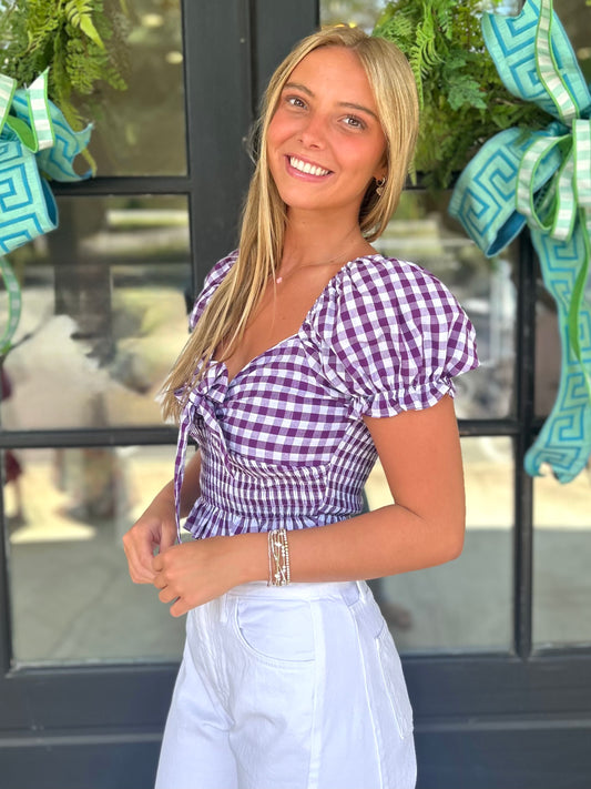 Puff Sleeve Gingham Tie Top (3 colors)