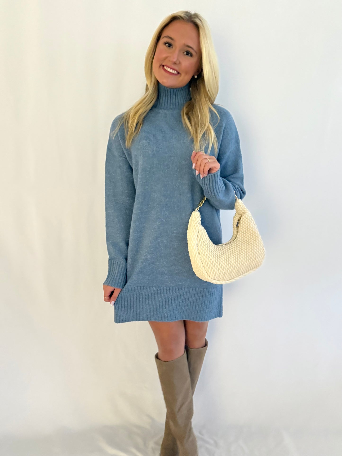 Blue High Neck Sweater Dress