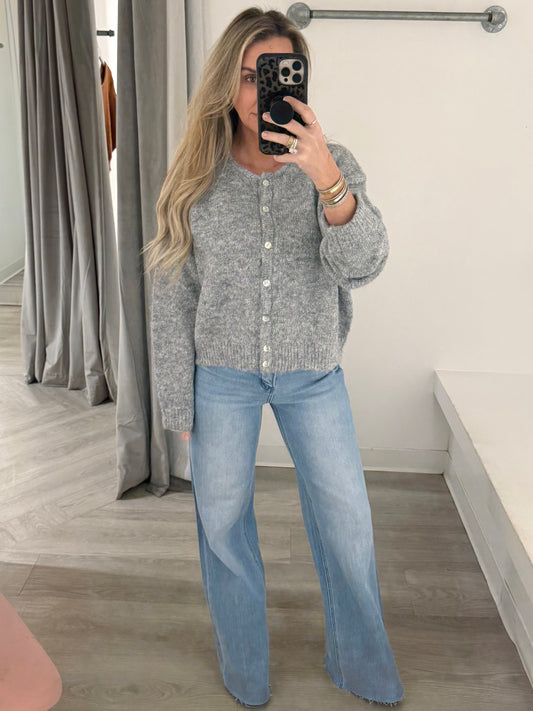 Grey Knit Round Neck Cardigan