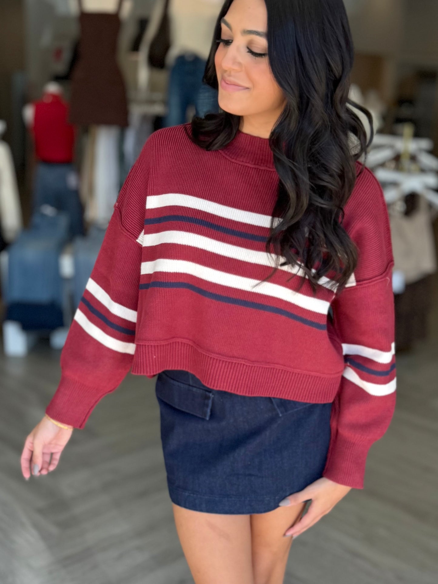Burgundy Waist Stripe Sweater