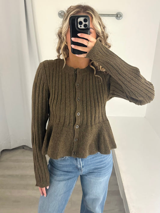 Olive Peplum Ribbed Cardigan